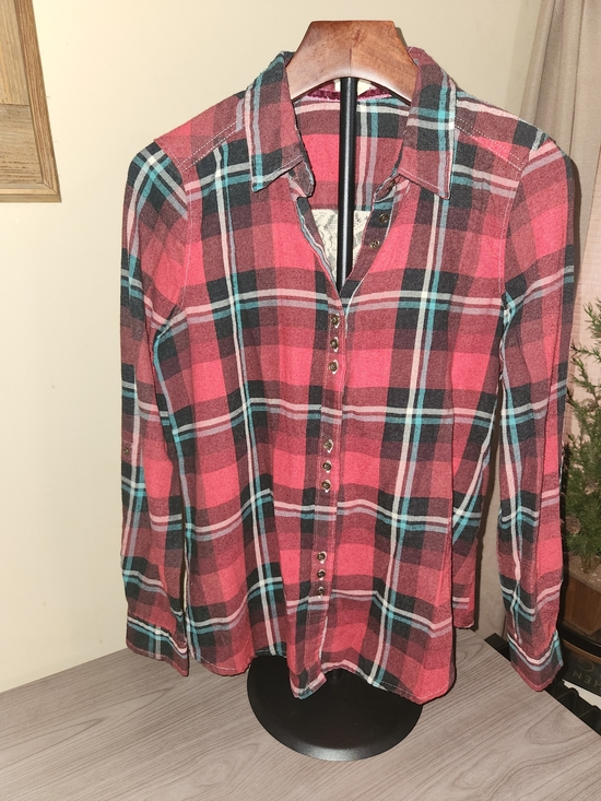 Clover & Scout Tops - Womens Red Plaid Button-Down Shirt with Teal Accents